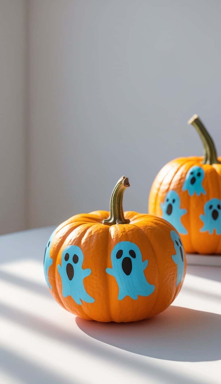 Close-up of one to two pumpkins painted with colorful scary ghost outlines on a clean tabletop.