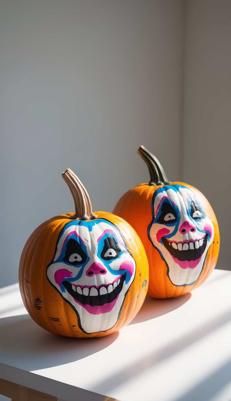 One or two pumpkins painted with colorful scary faces on a clean tabletop under soft daylight.