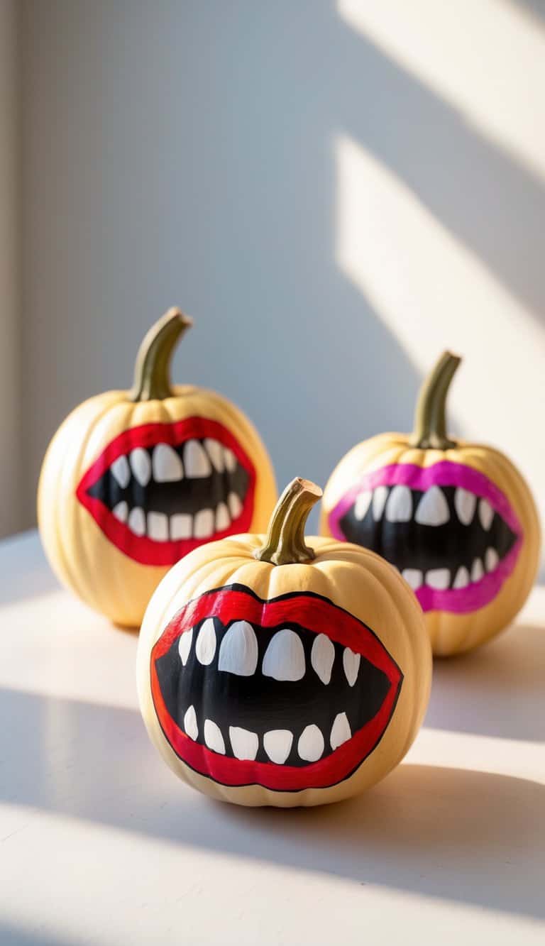 Close-up of one to two small pumpkins painted with colorful vampire mouth designs on a plain tabletop.