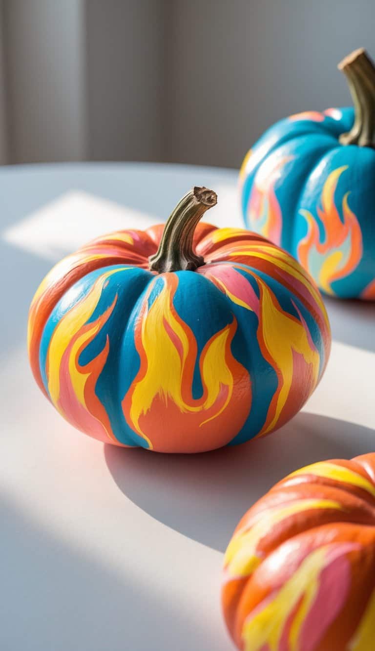 Close-up of one or two small pumpkins painted with bright flame designs on a clean tabletop.
