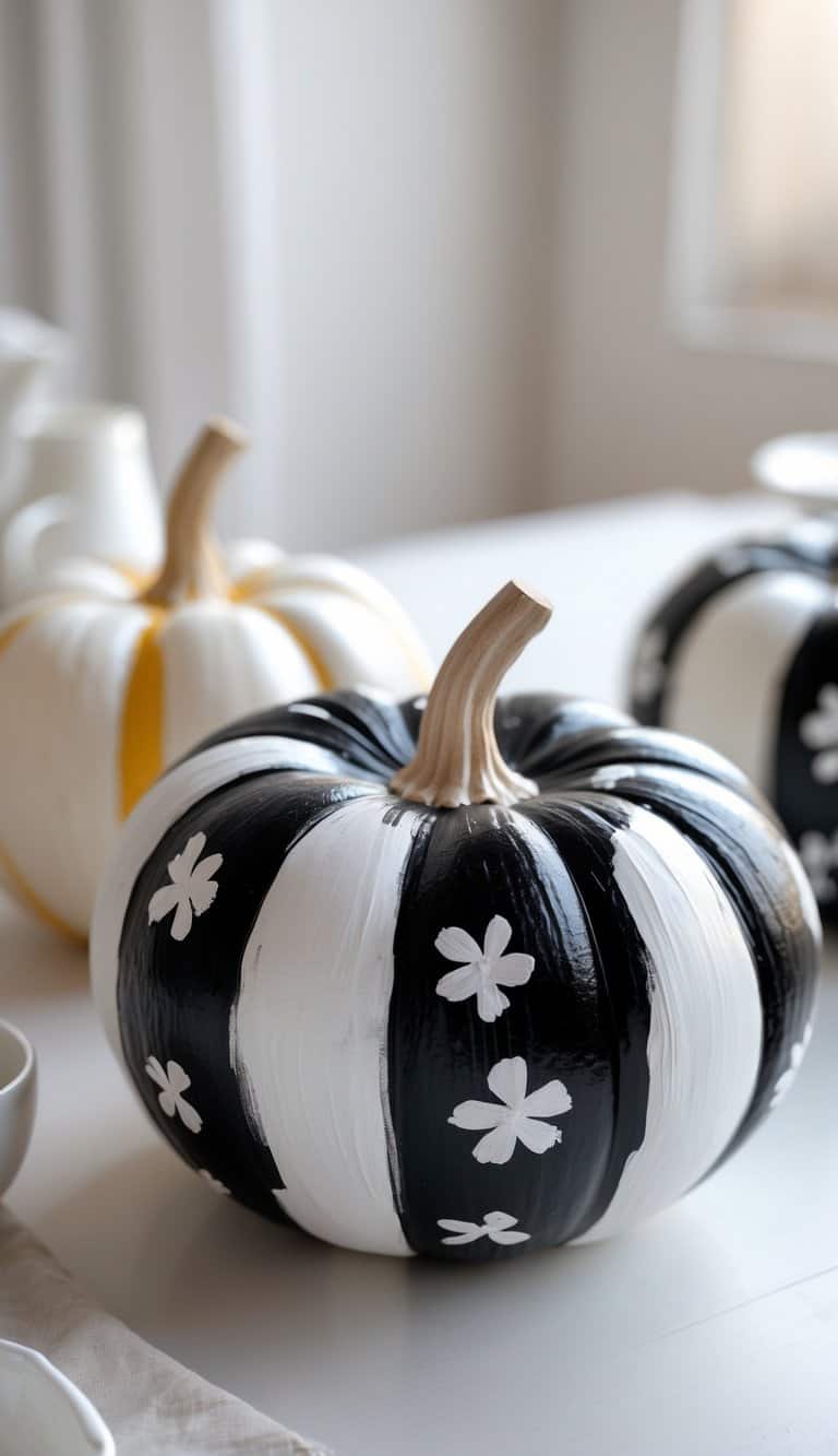 One to two painted pumpkins with black and white designs on a clean tabletop, softly lit by daylight.