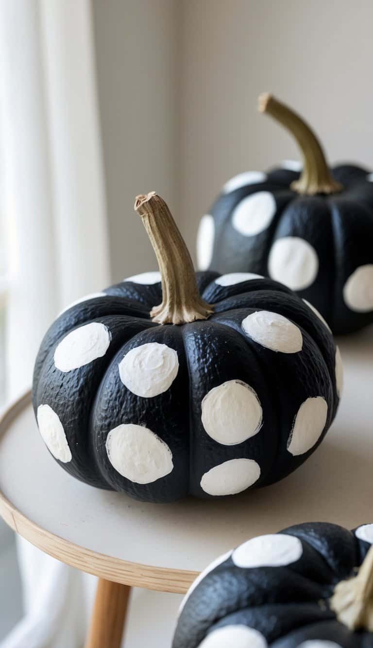 One or two black pumpkins painted with white polka dots on a clean tabletop.