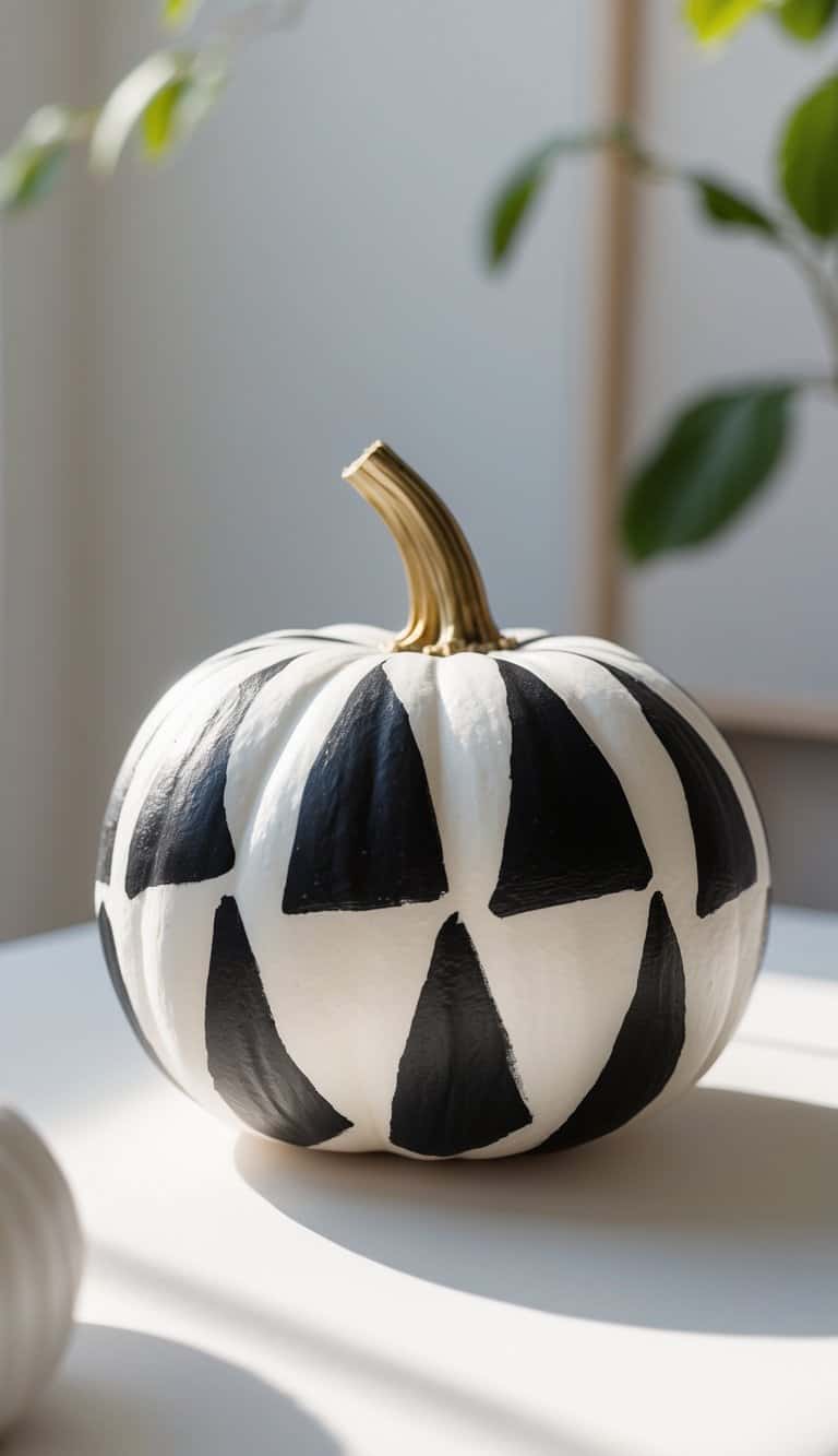 Close-up of a white pumpkin painted with black geometric triangles on a tabletop with a plain background.
