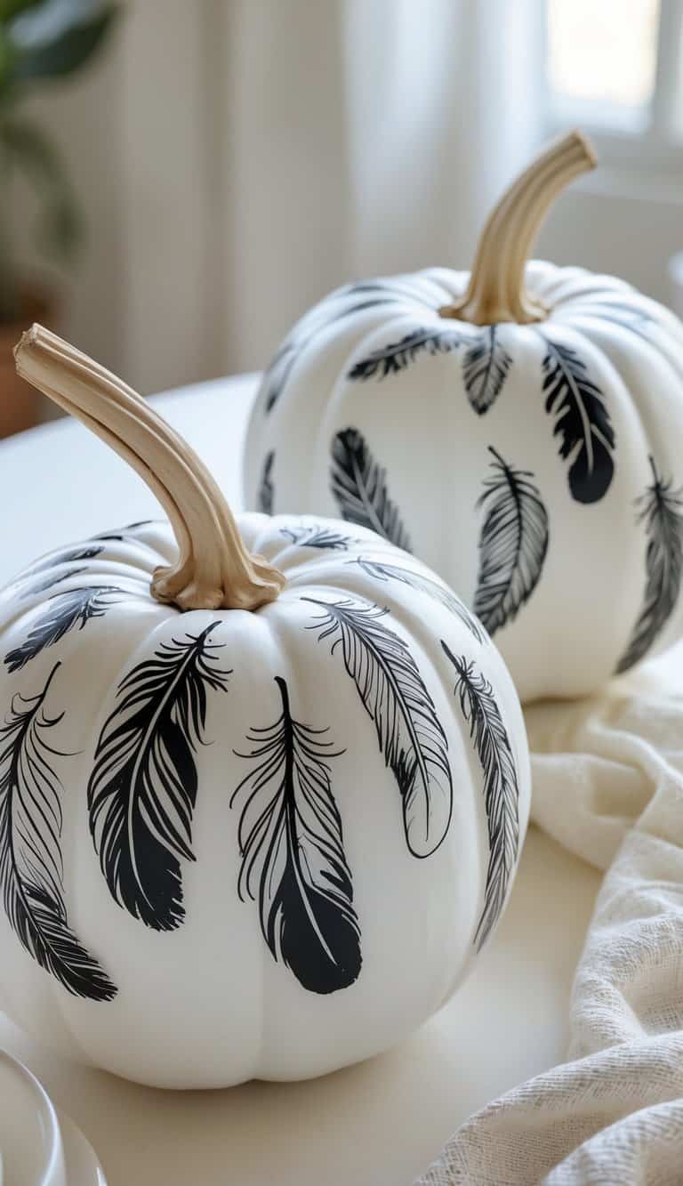 Close-up of one or two white pumpkins painted with delicate black feather designs on a simple tabletop.