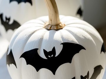 Two white pumpkins decorated with black bat cutouts are placed on a light-colored surface, with sunlight highlighting their smooth texture and casting soft shadows.