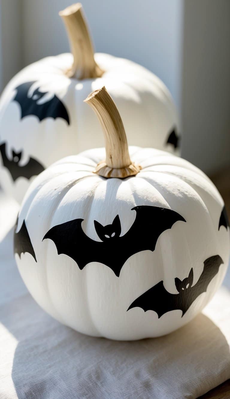 Close-up of one to two white pumpkins painted with black silhouette bats on a plain tabletop.