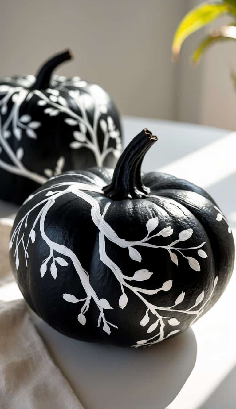 Two black pumpkins on a tabletop, painted with white autumn branch designs.