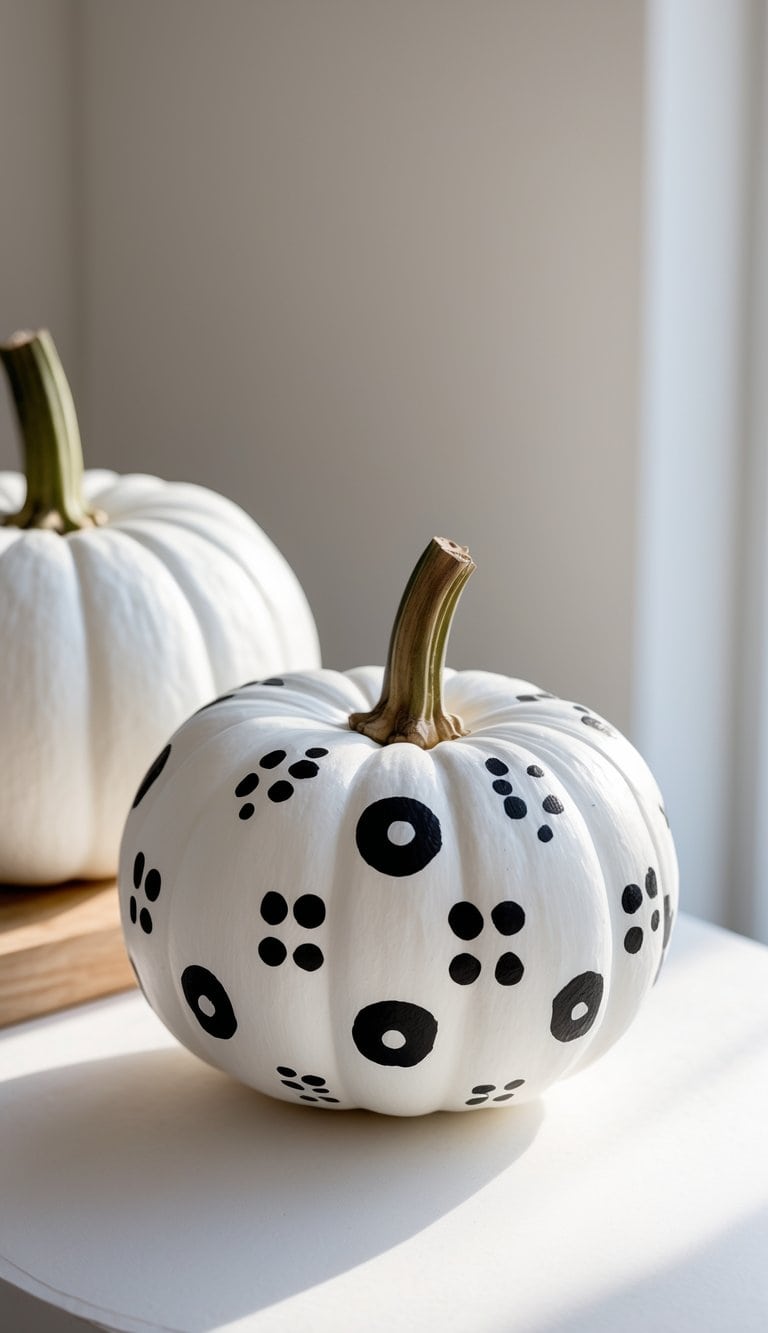 Close-up of one to two white pumpkins painted with black dots arranged in Scandinavian patterns on a tabletop.