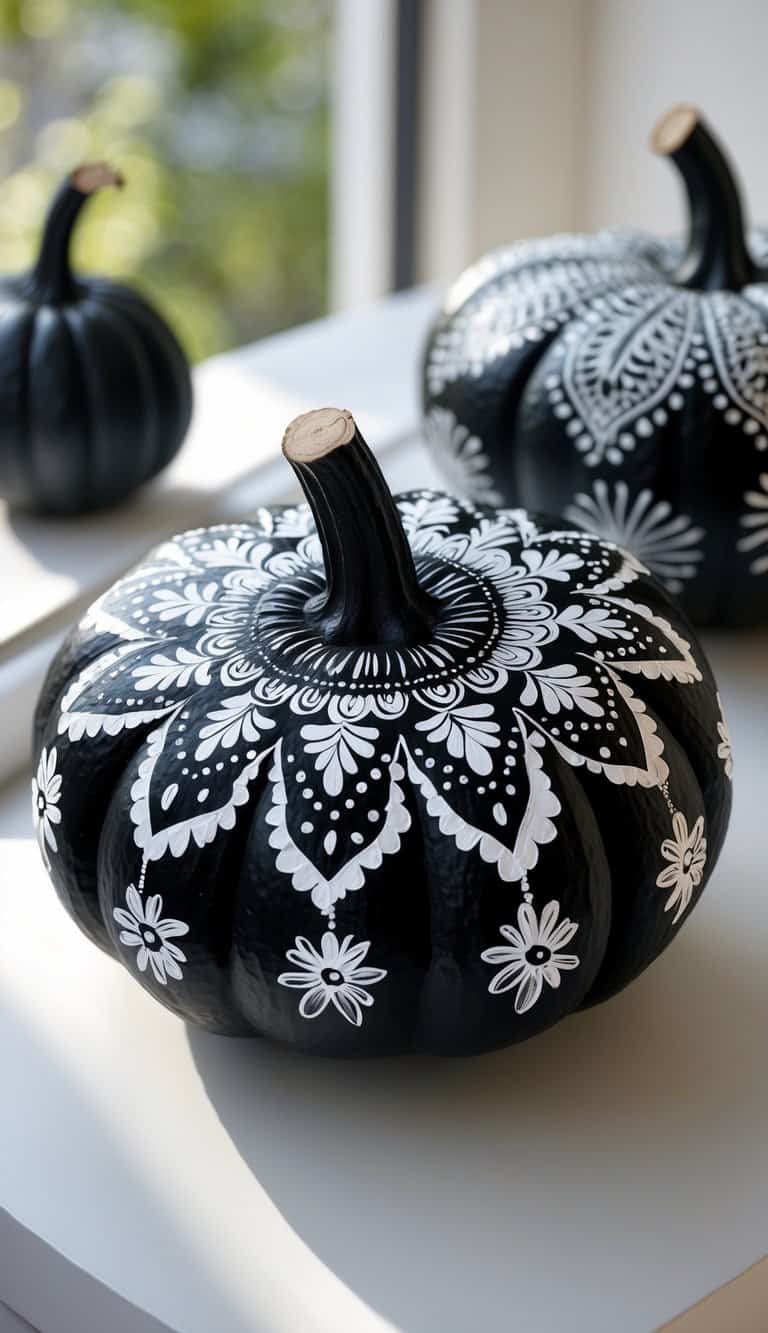 Close-up of one or two black pumpkins painted with white floral mandala designs on a clean tabletop.