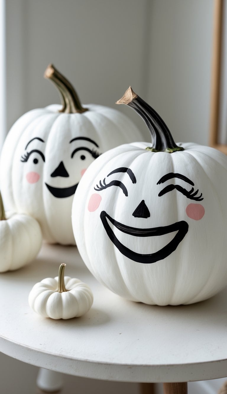 Close-up of one to two white pumpkins painted with simple black line art faces on a tabletop.