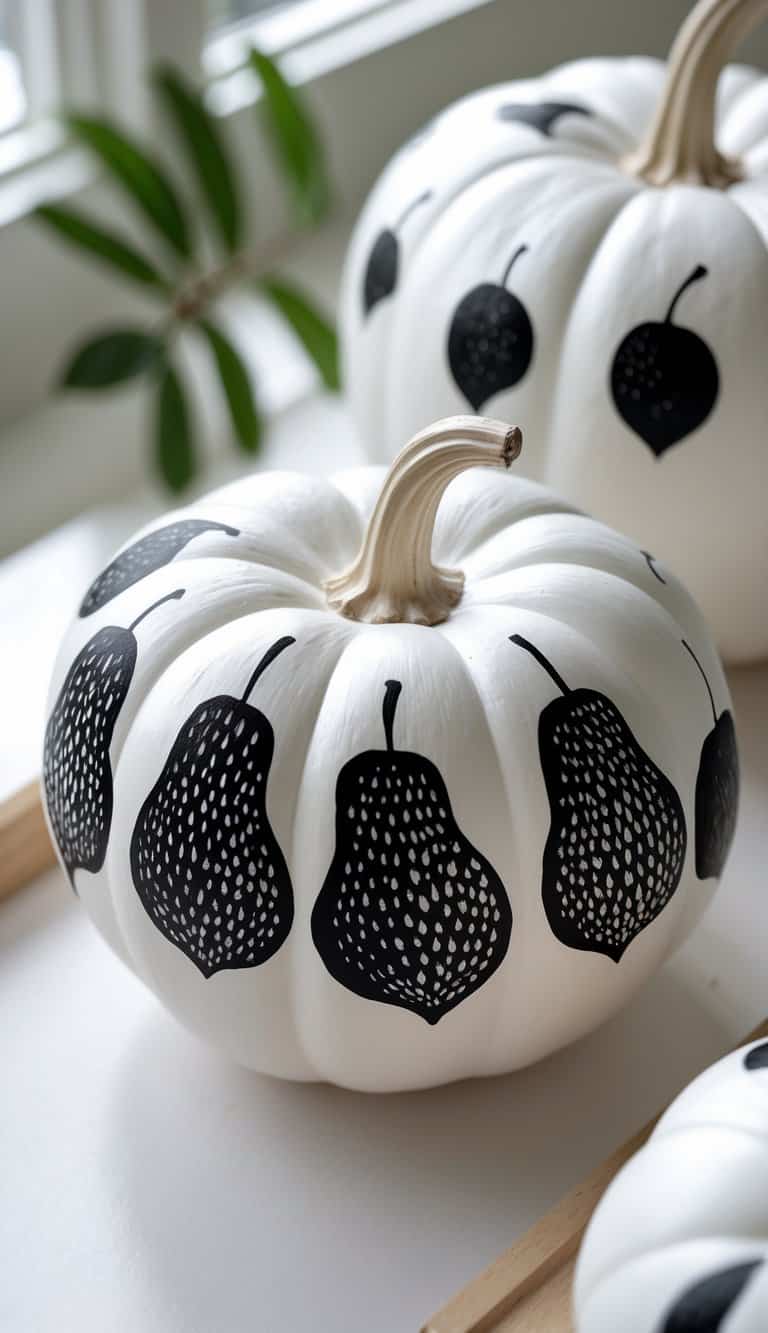 Close-up of one or two white pumpkins painted with black pear and acorn patterns on a tabletop.