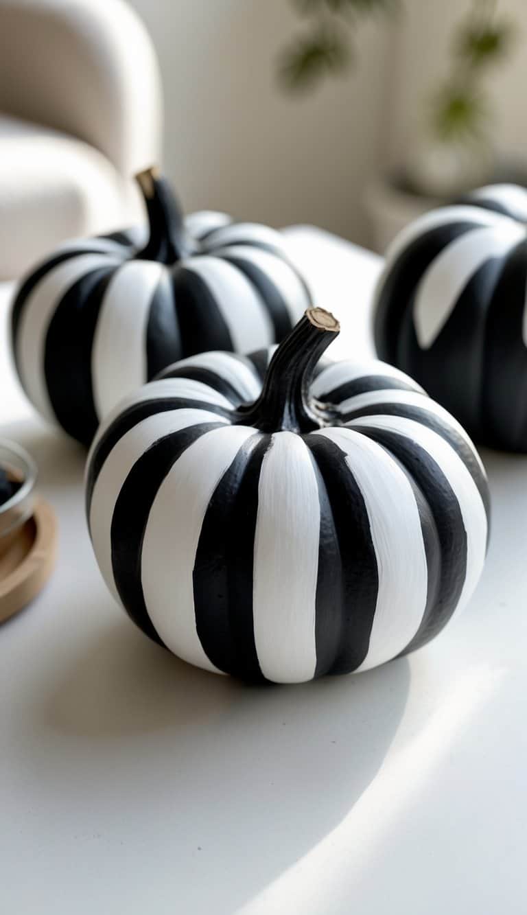 One or two black pumpkins with white chevron stripes arranged on a clean tabletop under soft daylight.