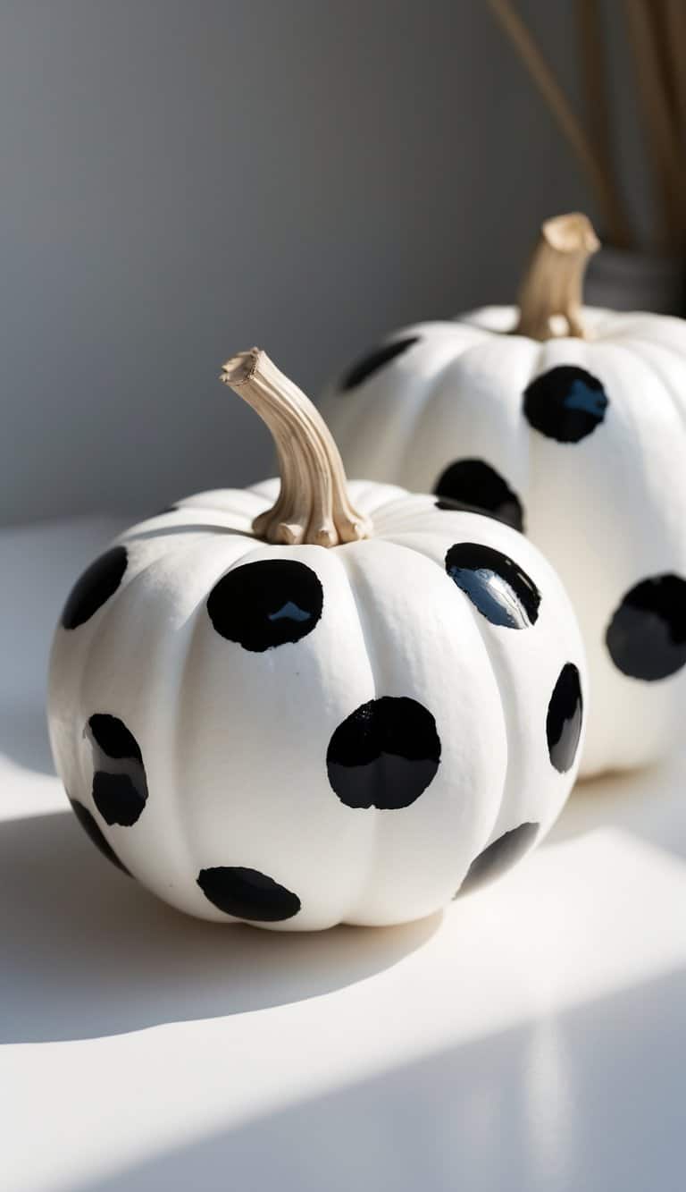 One to two white pumpkins with black polka dots arranged on a tabletop with soft daylight and a simple background.