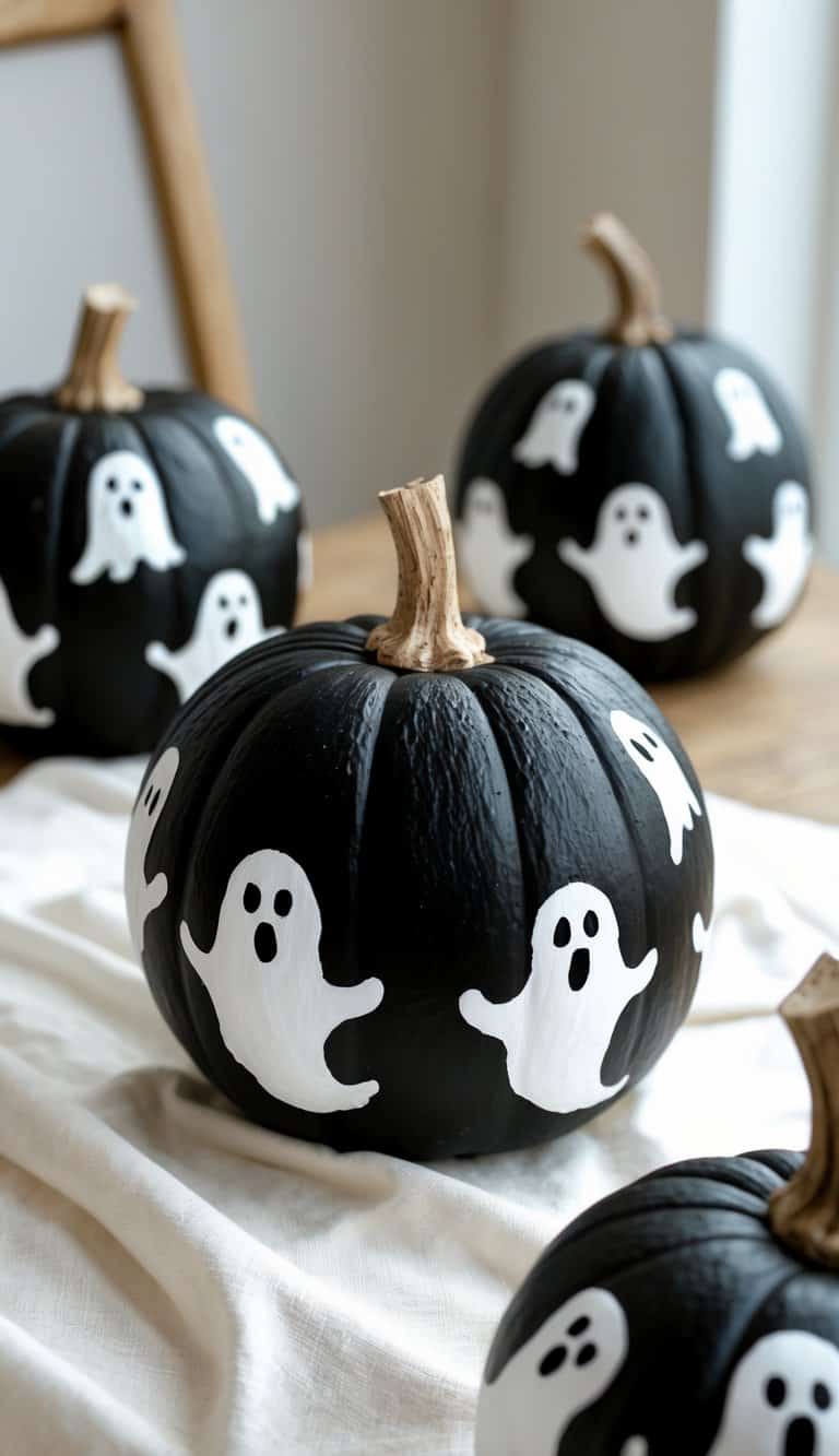 One to two black pumpkins painted with white ghost outlines on a clean tabletop.