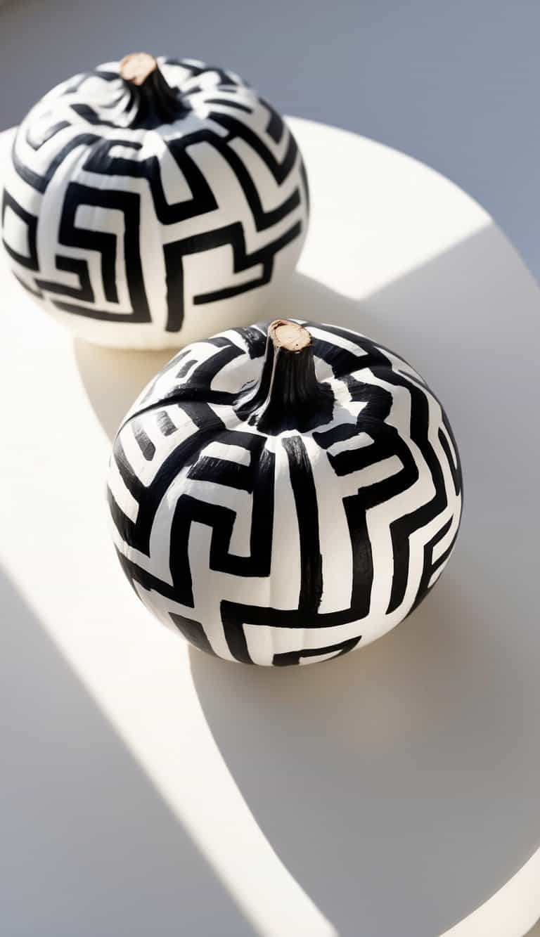 One to two white pumpkins painted with black geometric maze designs placed on a clean tabletop.
