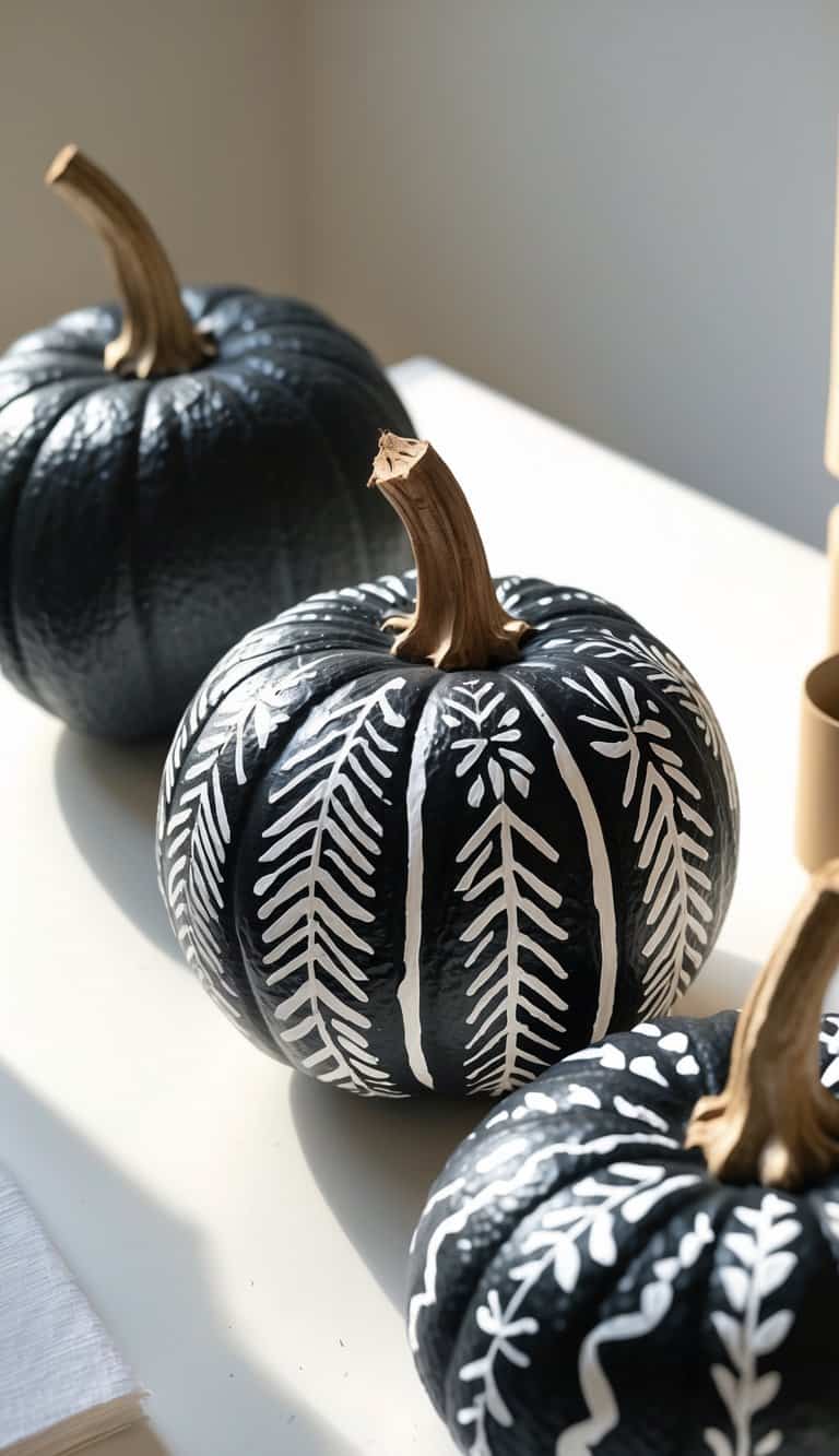 Close-up of one or two black pumpkins painted with white tribal patterns on a clean tabletop.