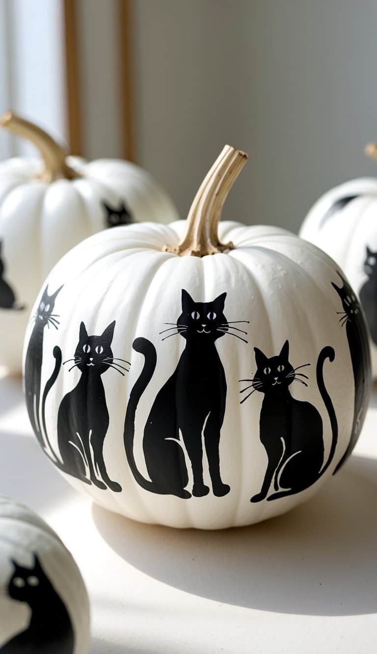 Two white pumpkins painted with black cat silhouettes on a tabletop.