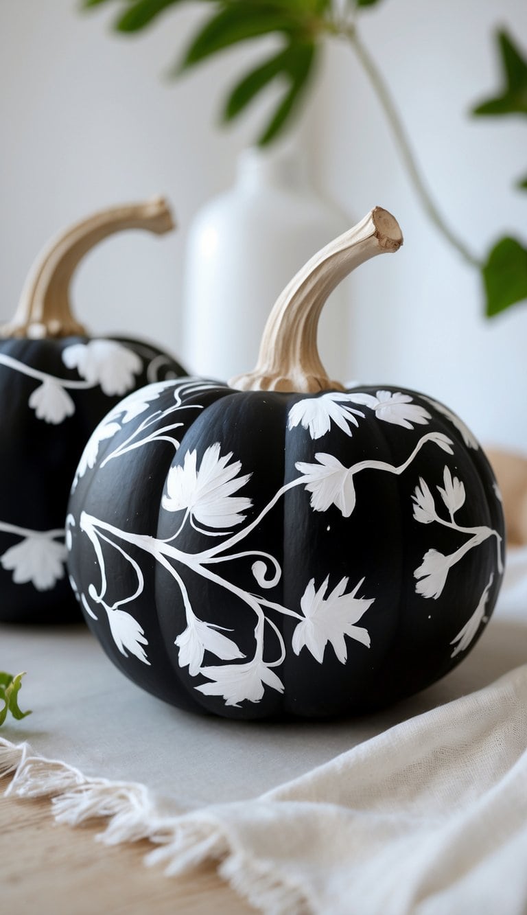 Close-up of one or two black pumpkins painted with white vine patterns on a clean tabletop.