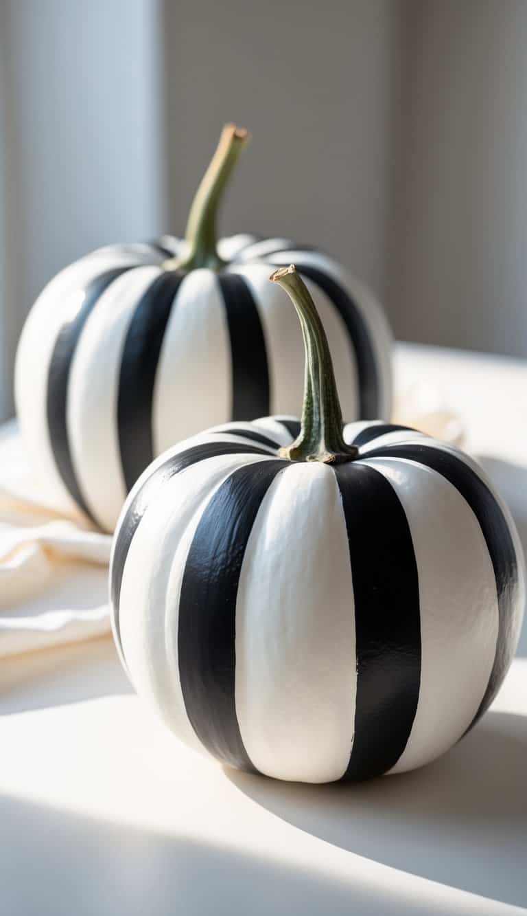 One to two white pumpkins with black vertical stripes on a tabletop under soft daylight.
