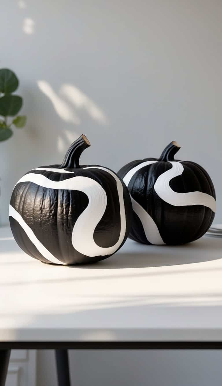 One or two black pumpkins painted with white abstract swirls on a clean tabletop.