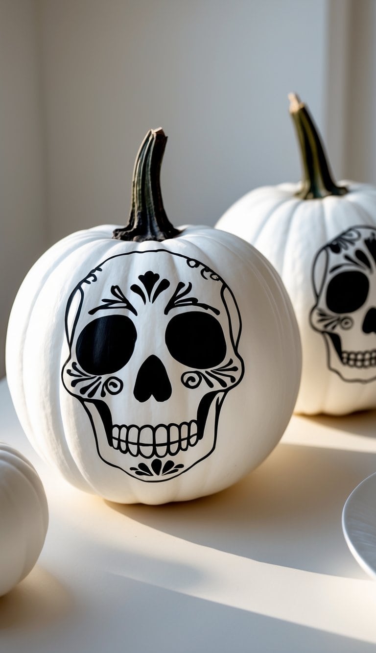 Close-up of one or two white pumpkins painted with black skull designs on a clean tabletop.
