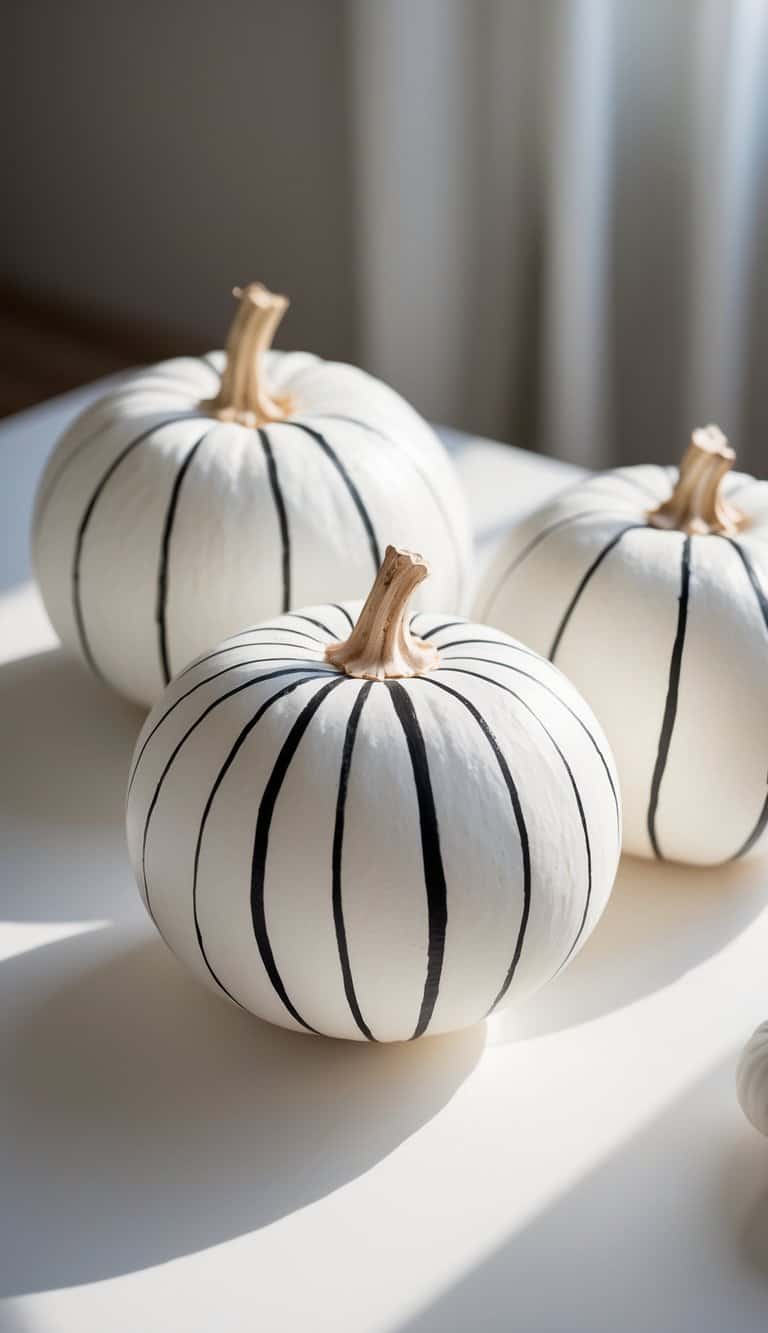 Close-up of one or two white pumpkins painted with black crosshatch lines on a clean tabletop.