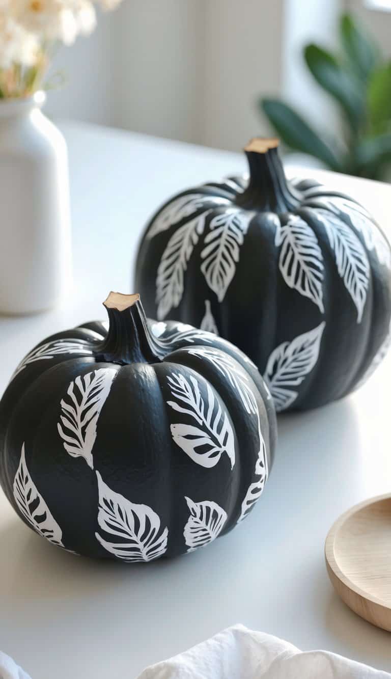 One or two black pumpkins painted with white leaf vein patterns on a clean tabletop.