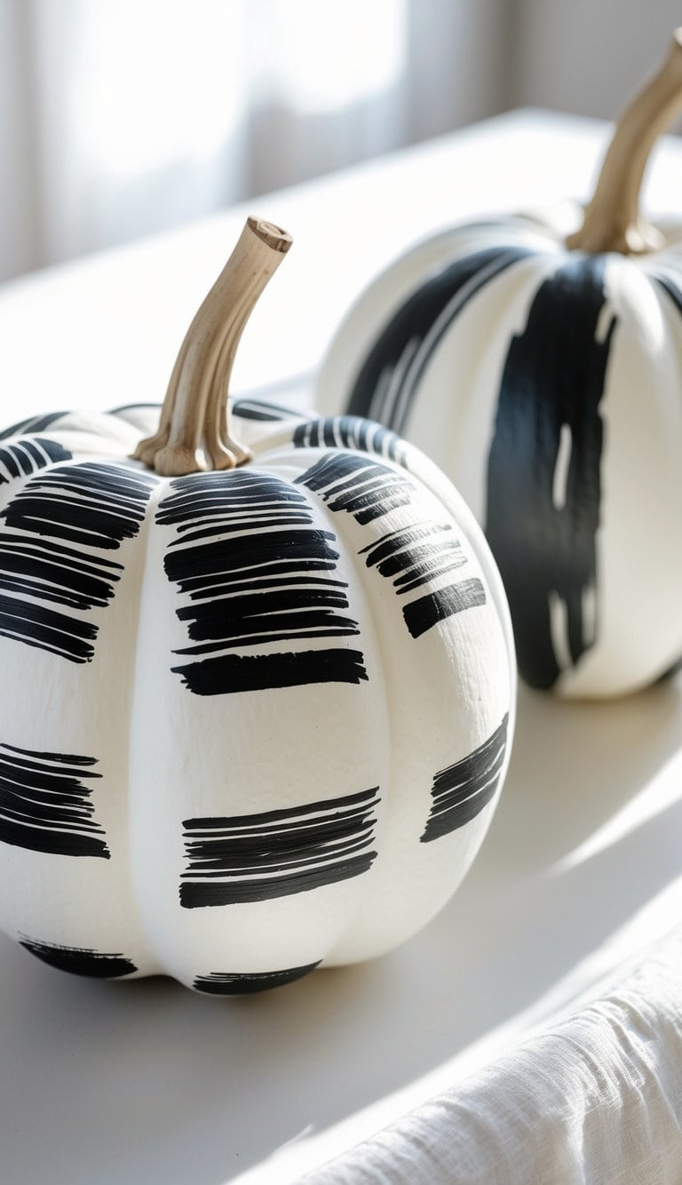 Close-up of one or two white pumpkins painted with black horizontal brush strokes on a tabletop.