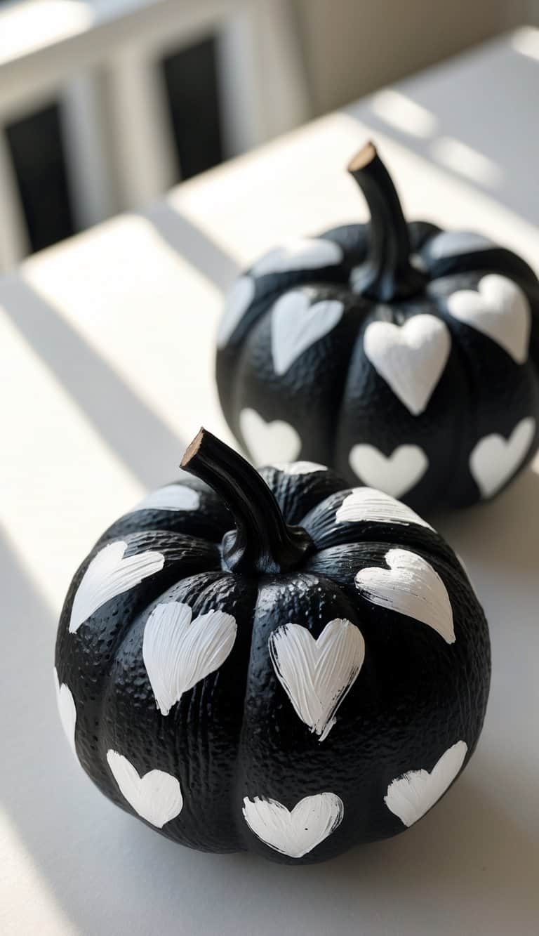 One or two black pumpkins painted with white heart-shaped polka dots on a tabletop.