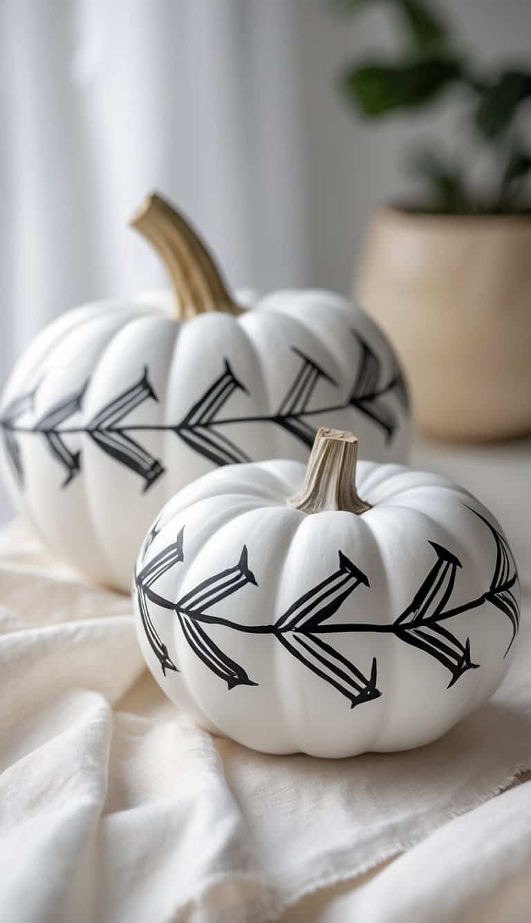 Close-up of one to two white pumpkins painted with thin black tribal arrow designs on a tabletop.