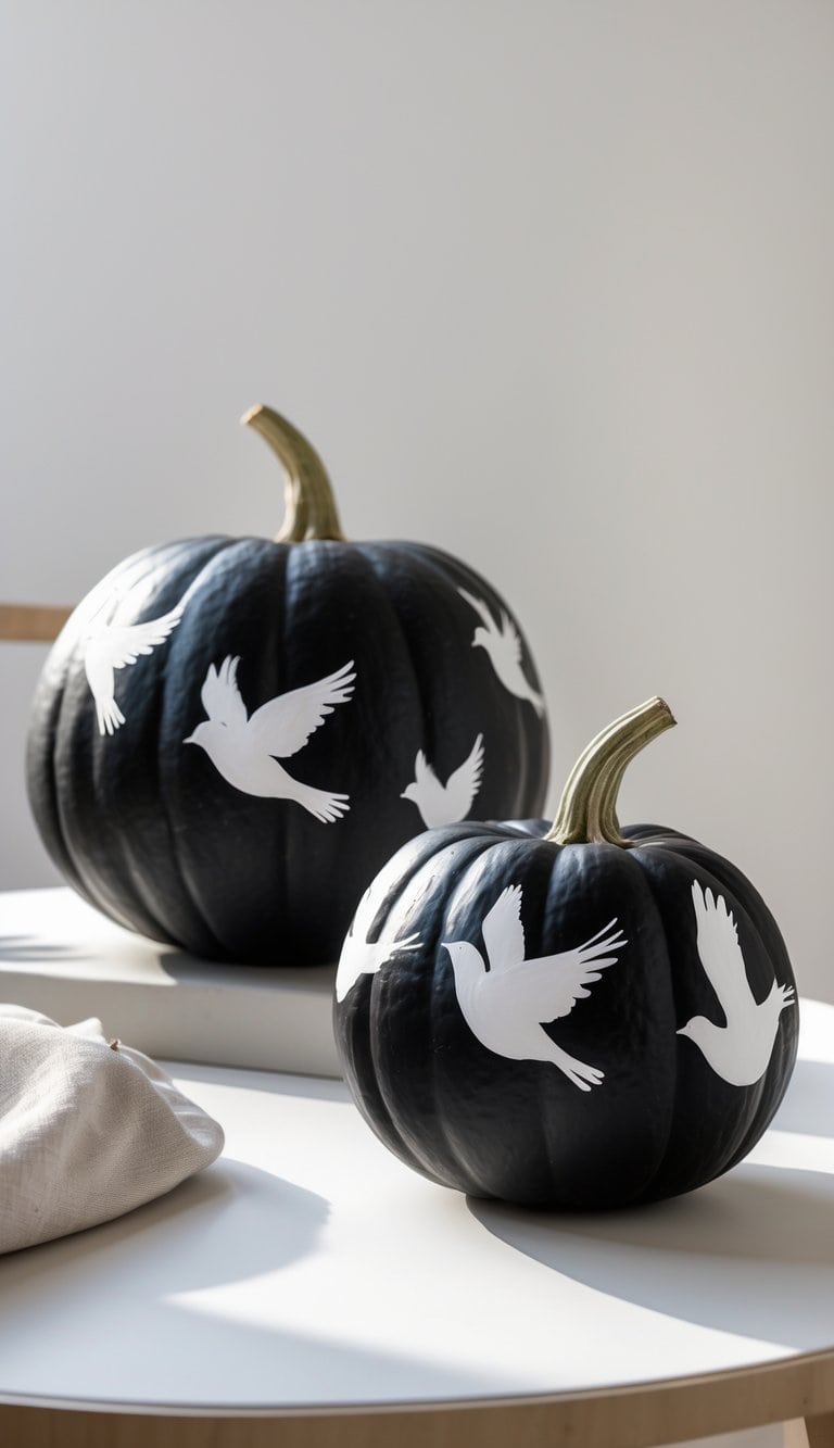 Close-up of one or two black pumpkins painted with white flying bird silhouettes on a clean tabletop.