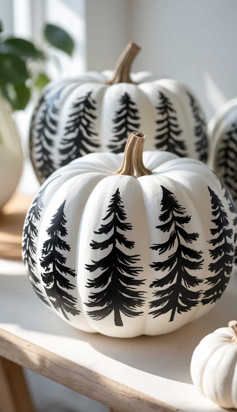 One to two white pumpkins painted with black winter pine tree designs on a tabletop.