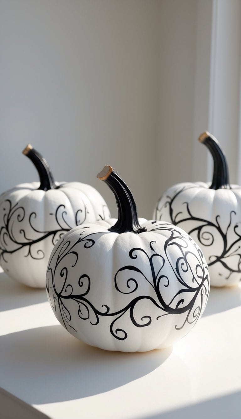 Close-up of one or two white pumpkins painted with black vine swirl patterns on a plain tabletop.