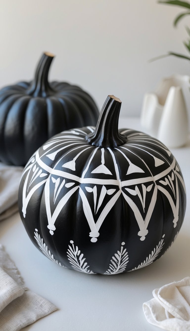 Close-up of one or two black pumpkins painted with white geometric patterns on a clean tabletop.