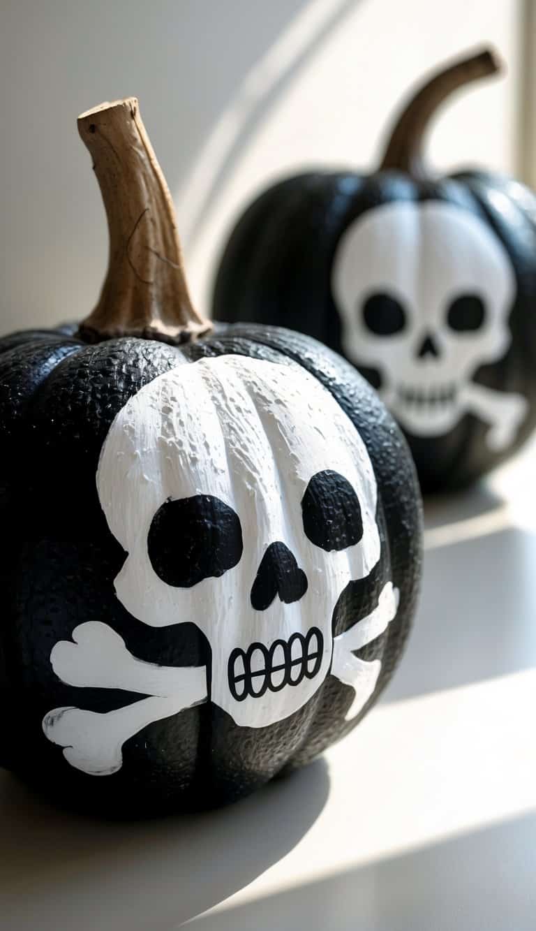 Close-up of one or two black pumpkins painted with white skull and crossbones designs on a tabletop.