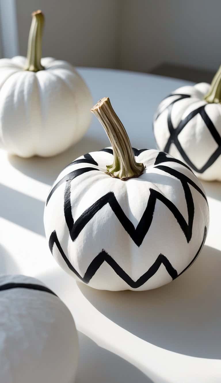 One to two white pumpkins painted with black tribal zigzag patterns on a clean tabletop.