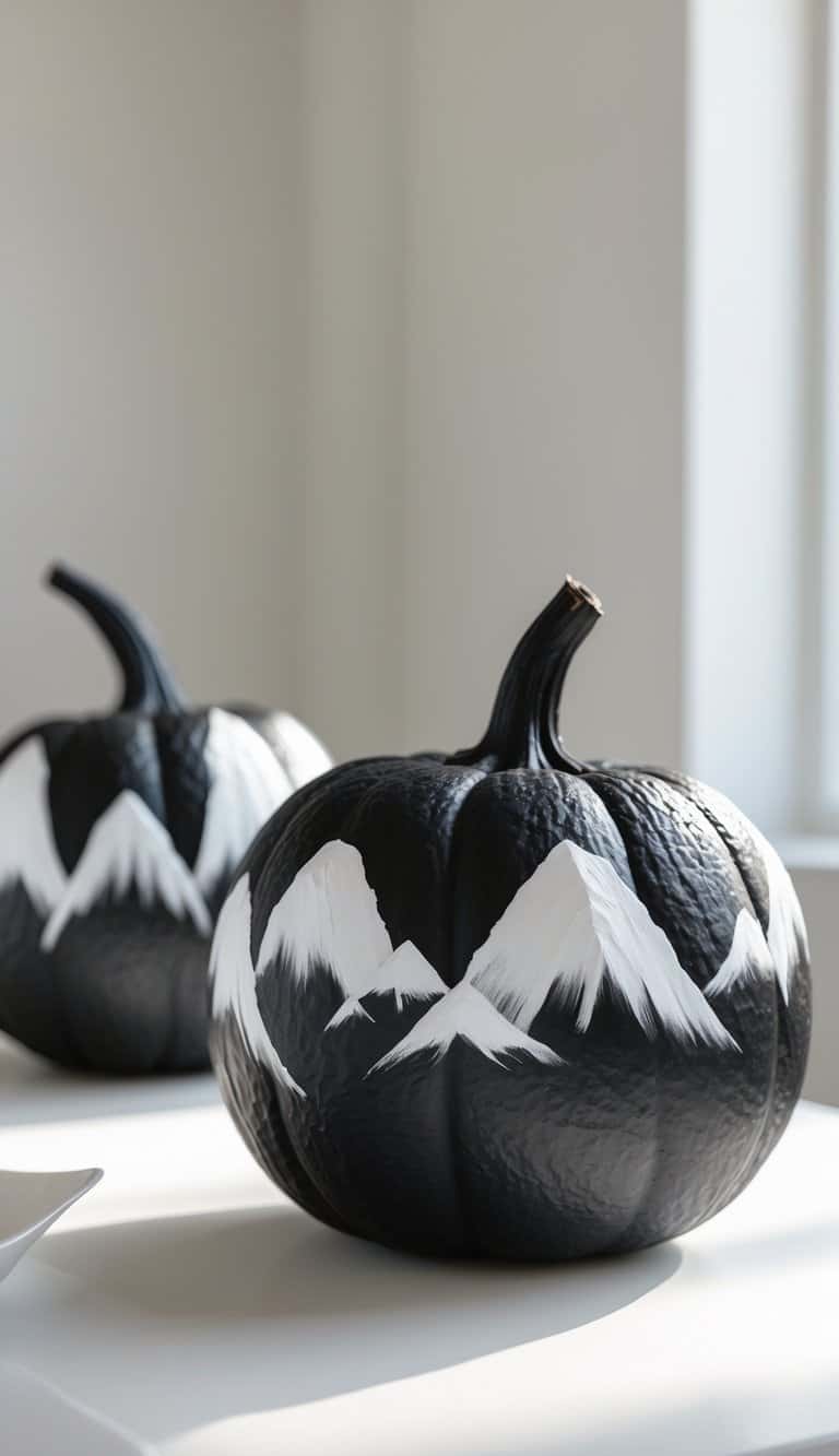 One or two black pumpkins painted with white jagged mountain shapes on a tabletop.