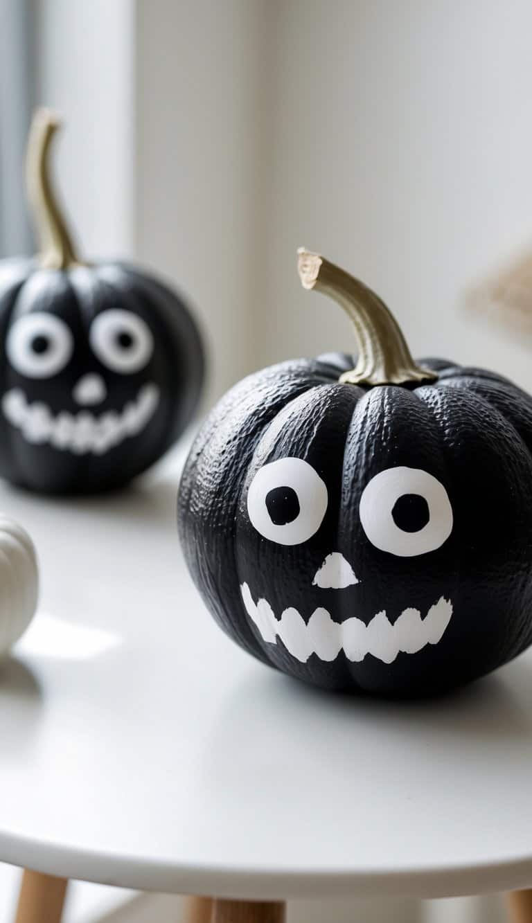 One or two pumpkins painted black with white eyes, displayed on a tabletop in natural light.