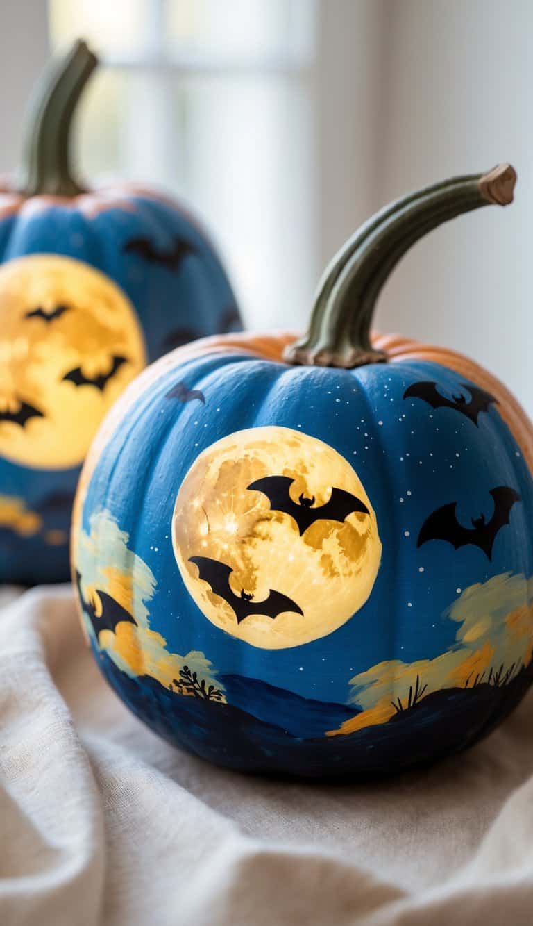 Close-up of one or two pumpkins painted with bats flying across a moonlit sky on a clean tabletop.