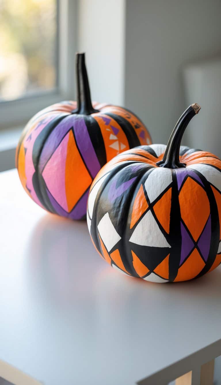 One to two brightly painted pumpkins with geometric stencil designs on a clean tabletop under soft daylight.