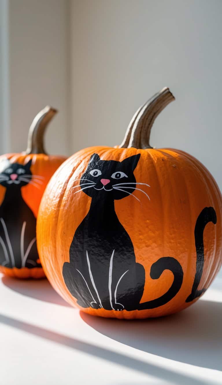 One to two painted pumpkins with black cat silhouettes placed on a tabletop in soft daylight.
