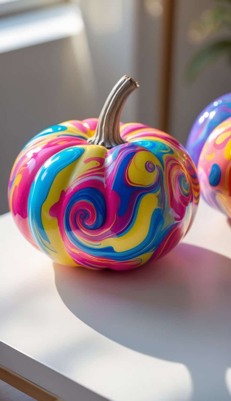 One or two pumpkins on a table painted with colorful swirling patterns.