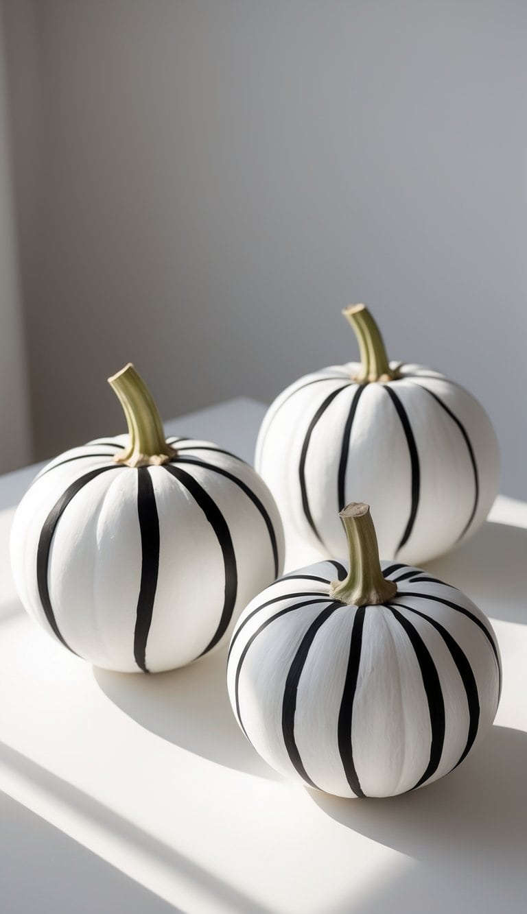 Close-up of one to two white pumpkins painted with black abstract lines on a tabletop.