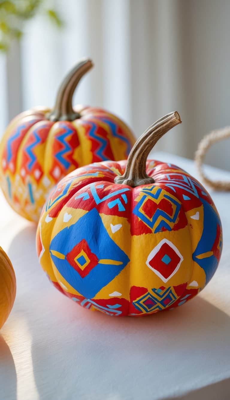 One to two pumpkins painted with colorful Aztec or tribal patterns on a clean tabletop under soft daylight.