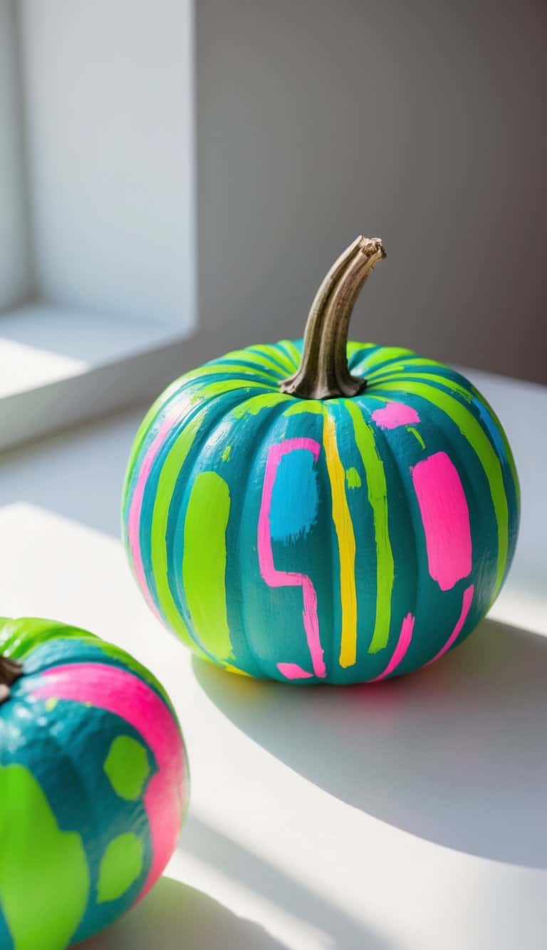 One to two brightly painted pumpkins with colorful, playful designs on a clean tabletop under soft daylight.