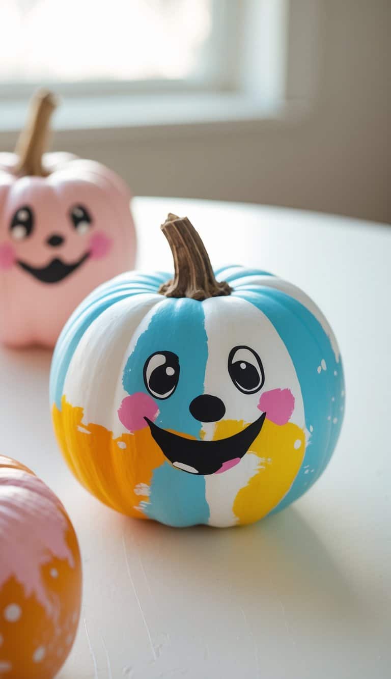 Close-up of one to two pumpkins painted with cute ghost faces on a tabletop.