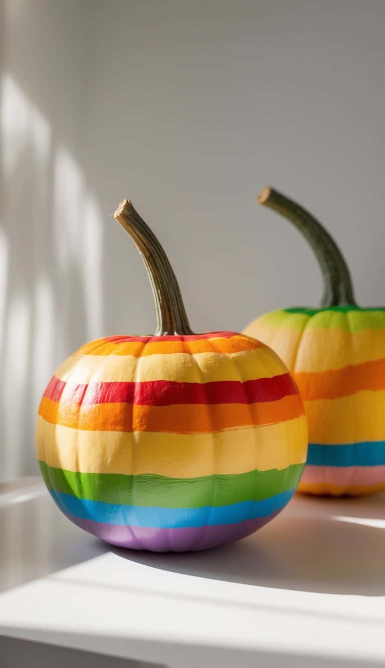 Close-up of one or two brightly painted pumpkins with rainbow stripes on a clean tabletop.