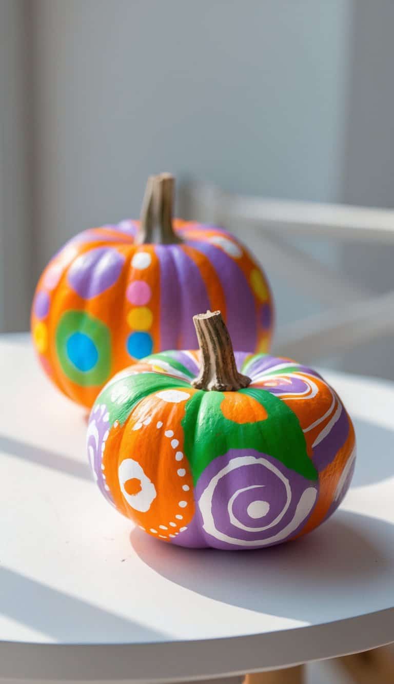Close-up of one to two small pumpkins painted with colorful Halloween candy patterns on a clean tabletop.