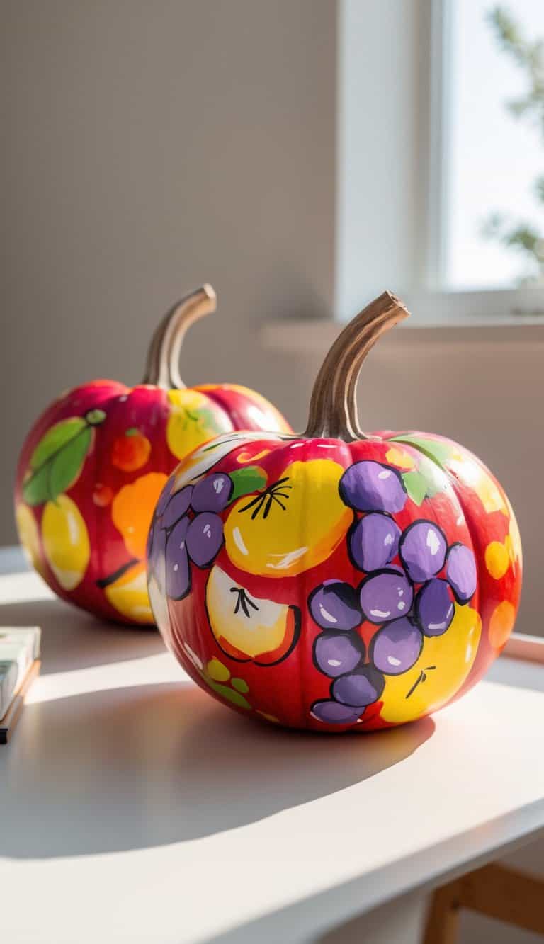 Close-up of one to two pumpkins painted with colorful fall fruit designs on a clean tabletop.