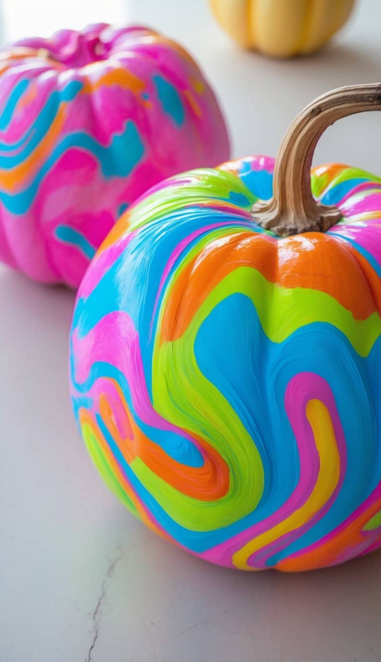 Close-up image of one or two pumpkins painted with colorful psychedelic swirl patterns on a clean tabletop.